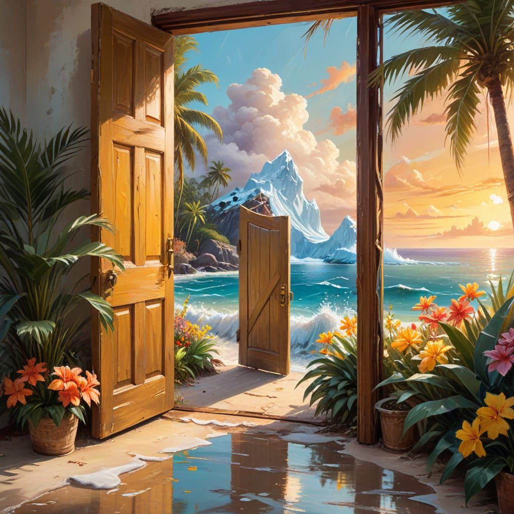 Iceberg Doorway to Tropical Island: Impressionist Painting