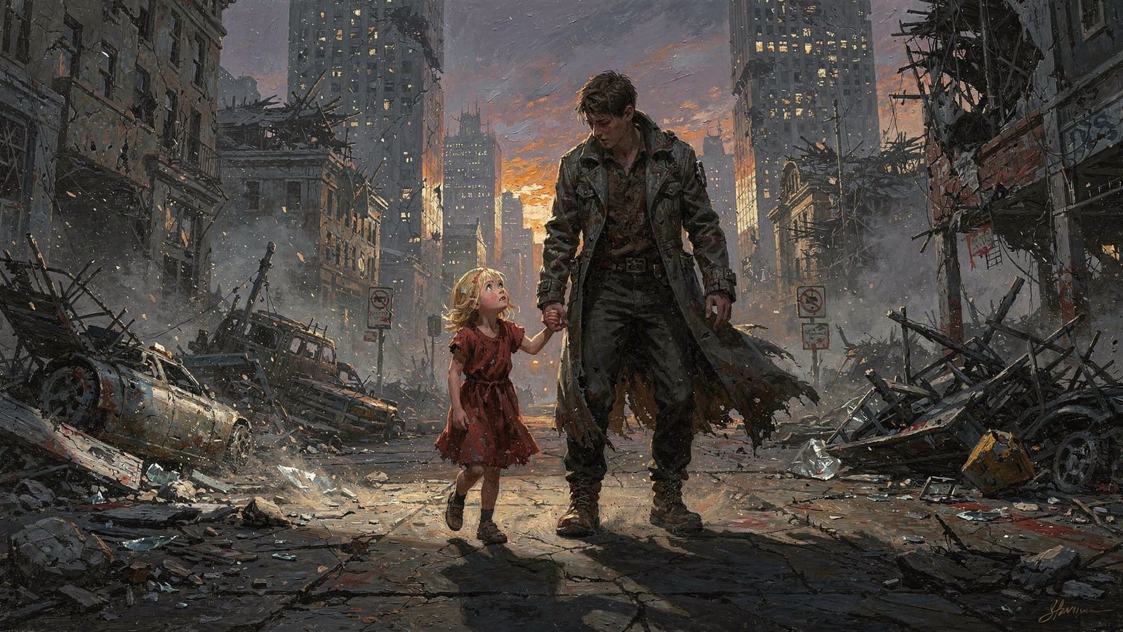 Girl and Brother Explore Ruined City in Dramatic Light