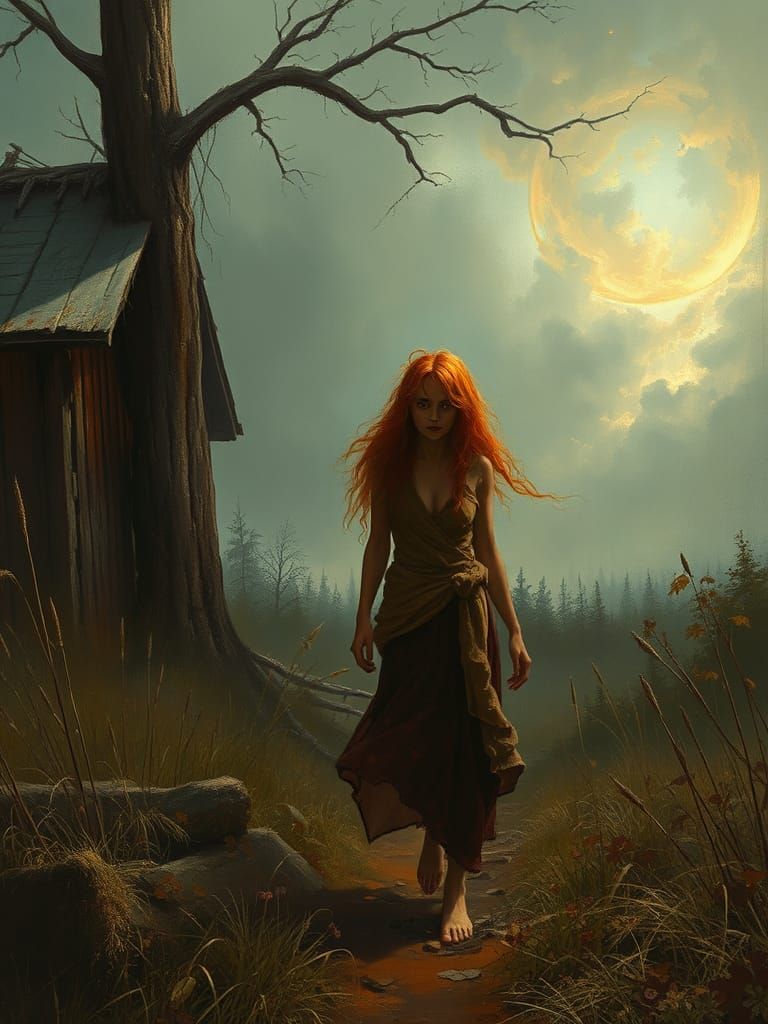 Orange Haired Woman in Gothic Farmscape