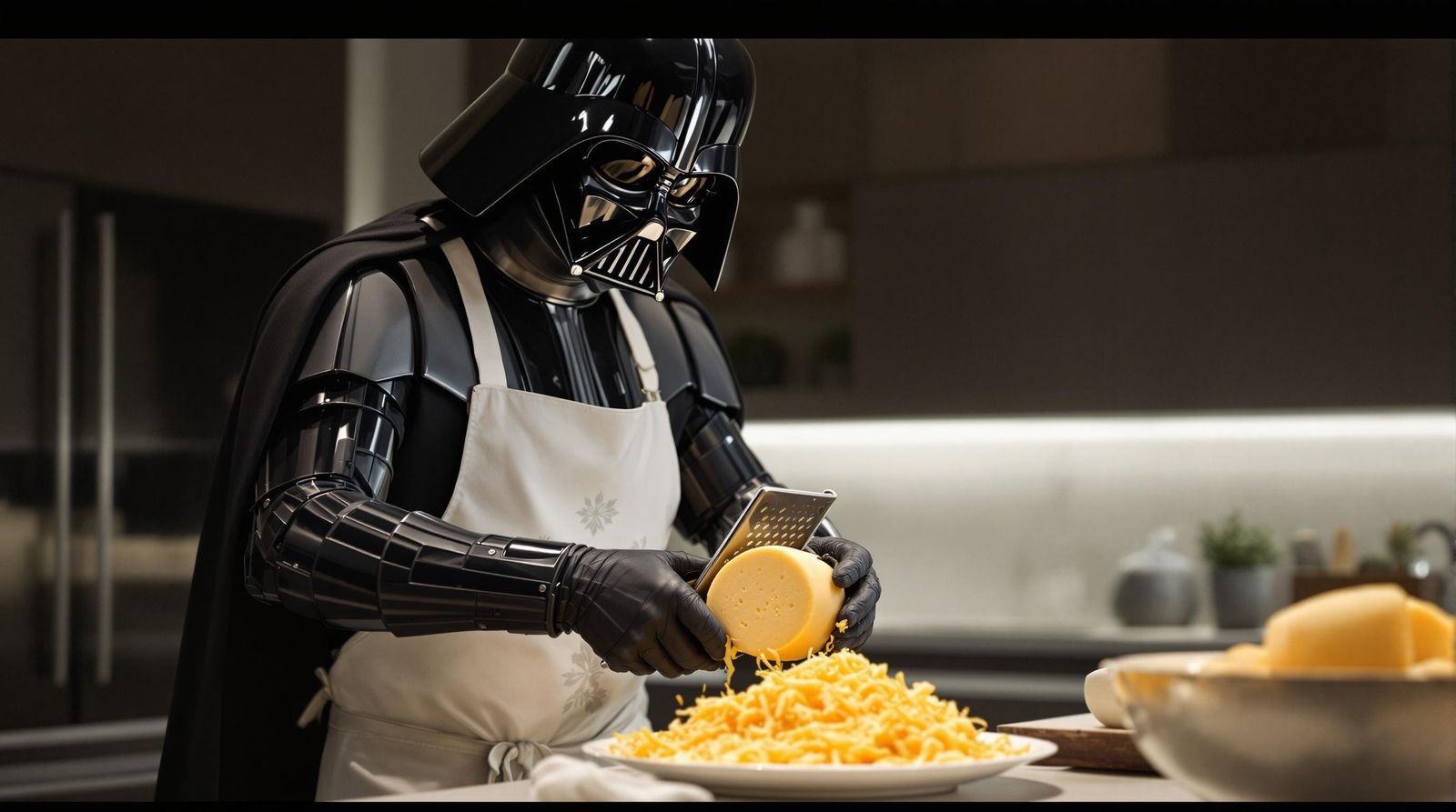 Cyberpunk Darth Vader Prepares Gourmet Grated Cheese