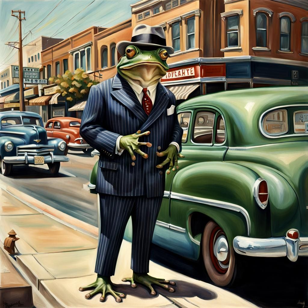 Frog in Fedora: Hyperrealistic 1950s Street Scene
