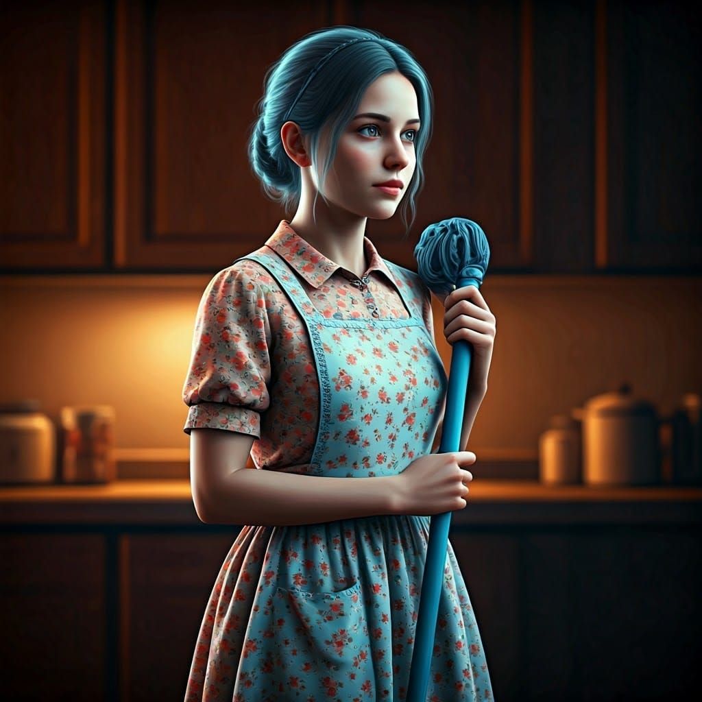 Ethereal Tradwife Hologram in Vibrant Kitchen