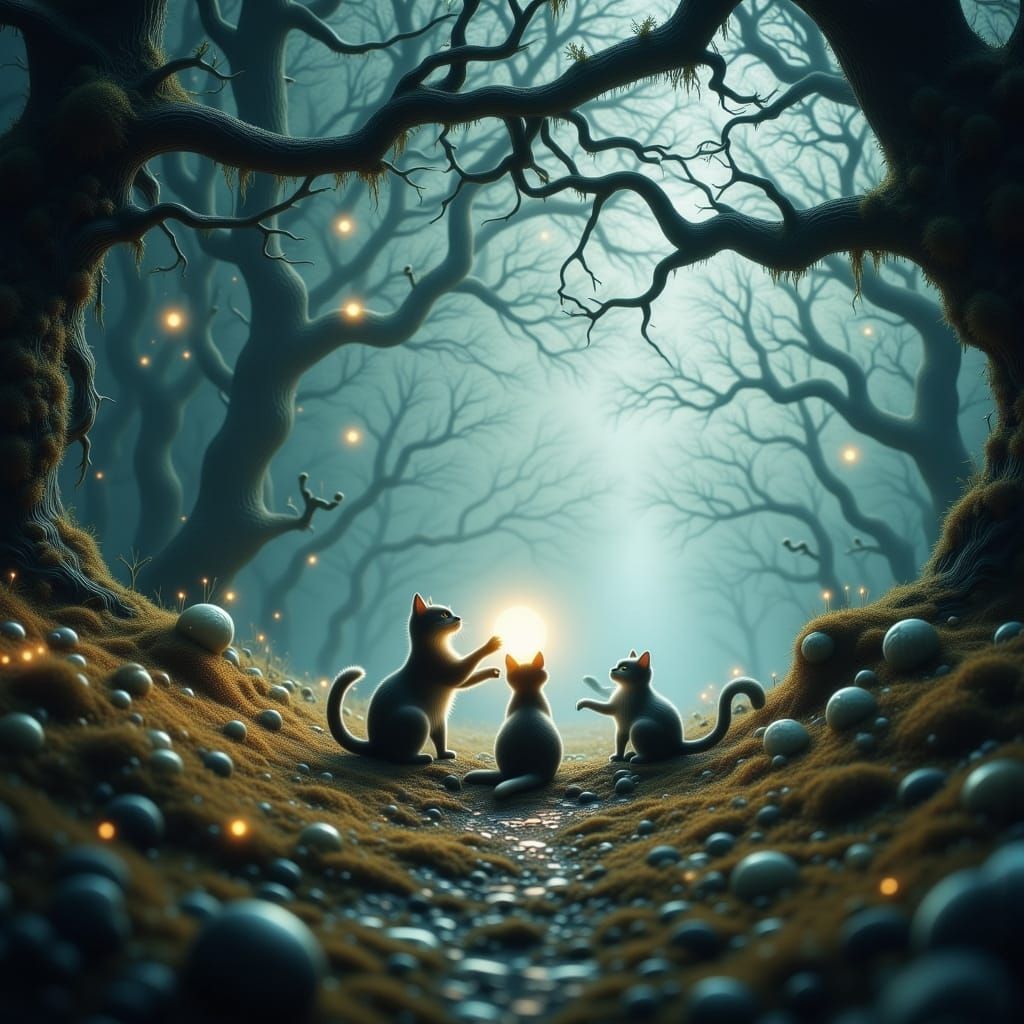 Cats Play With Glowing Orbs in Gothic Forest
