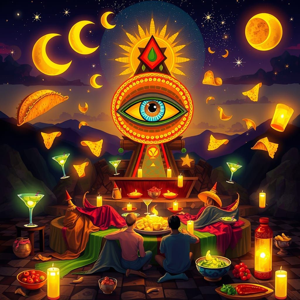 Surreal Taco Tuesday Ritual with Glowing Eye Totem