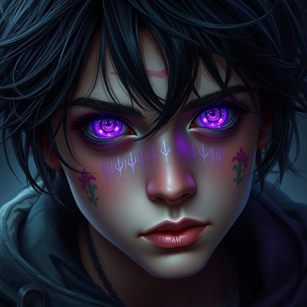 Boy with Purple Eyes in Gothic Cyberpunk Style