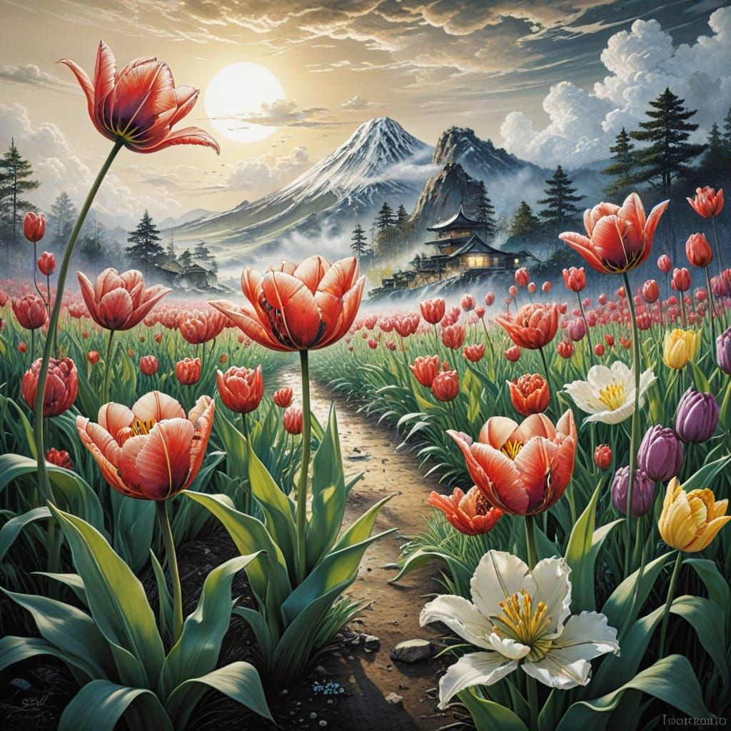 Surreal Tulip Meadow in Japanese Calligraphy Style