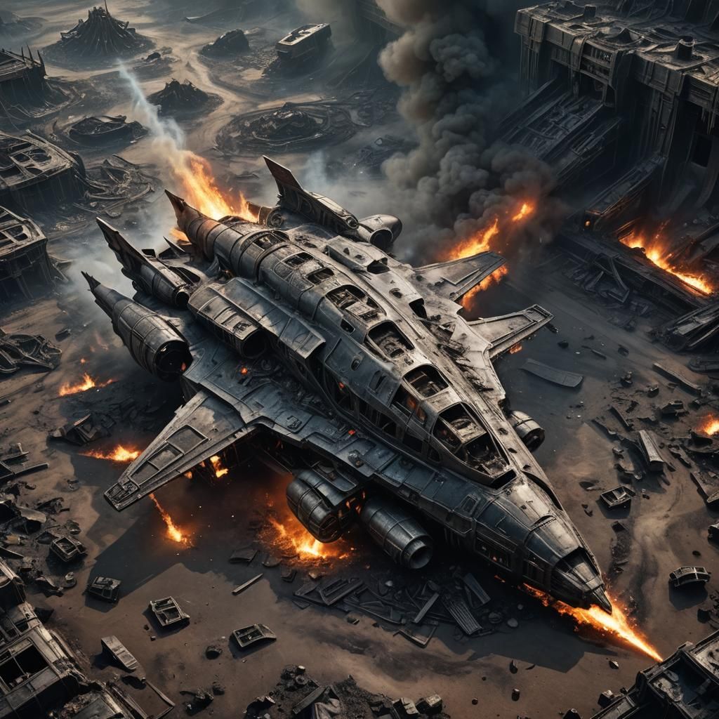 Crashed Spaceship on Alien Planet in Dark Sci-Fi Style