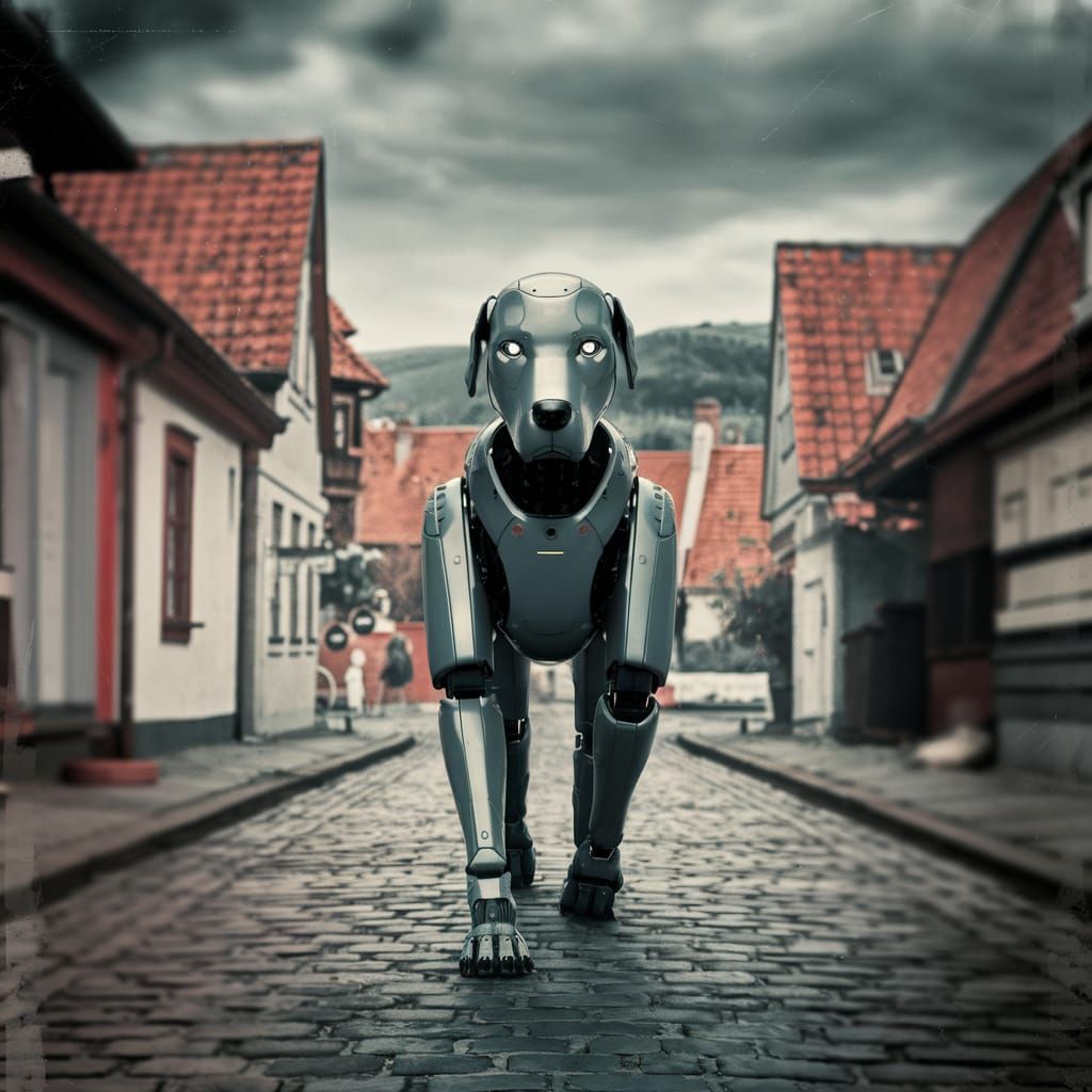 Epic Robotic Dog Detective in European Town