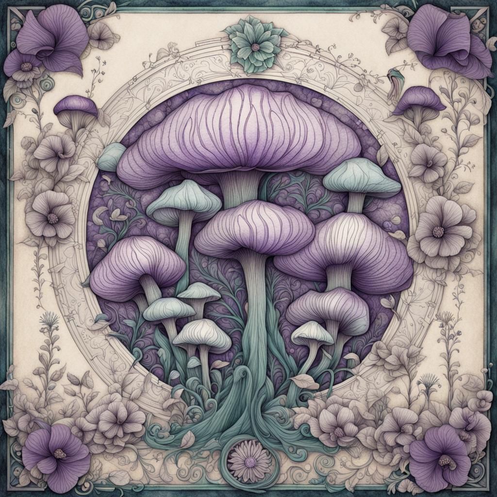 Botanical Ink Drawing Mushrooms and Flowers