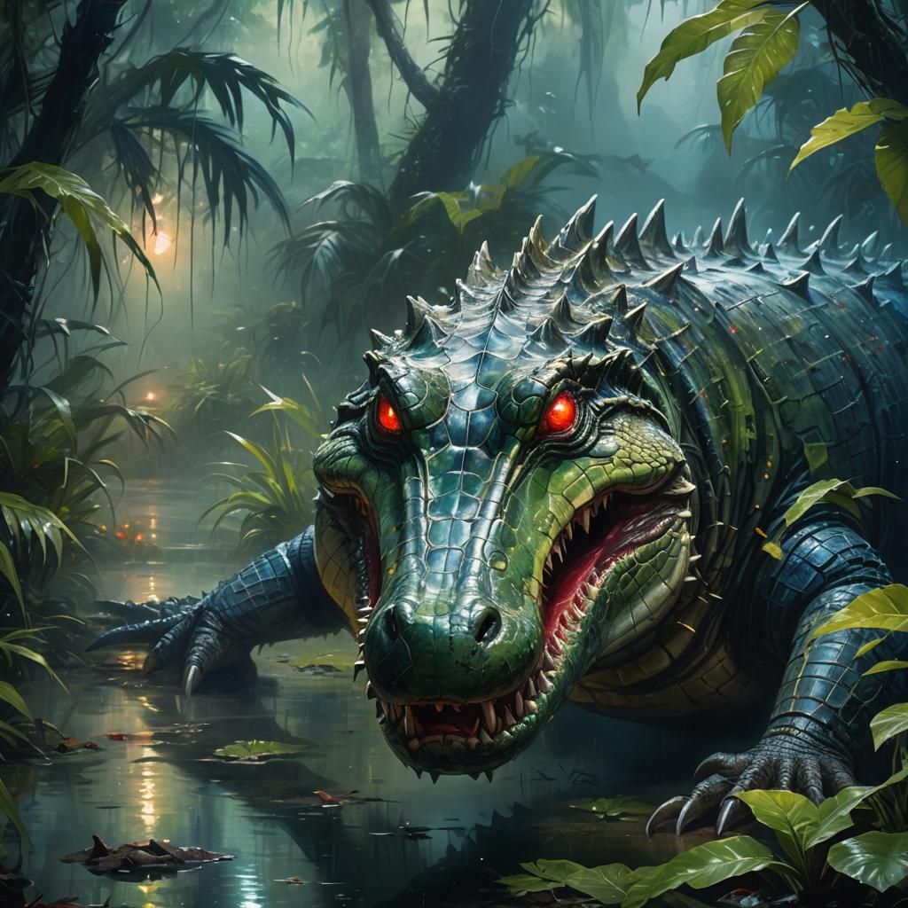 Giant Bioluminescent Crocodile Emerging from Jungle, Oil Pai...