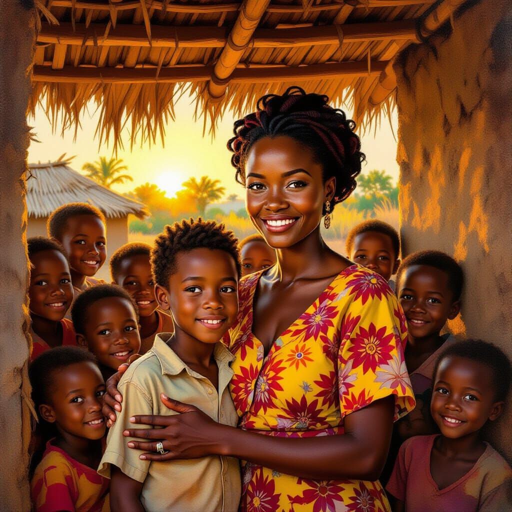 African Village Life: Woman, Jindra, and Joyful Children at ...