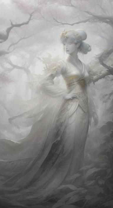 Nippon Female Warrior in Mystical Forest Oil Painting