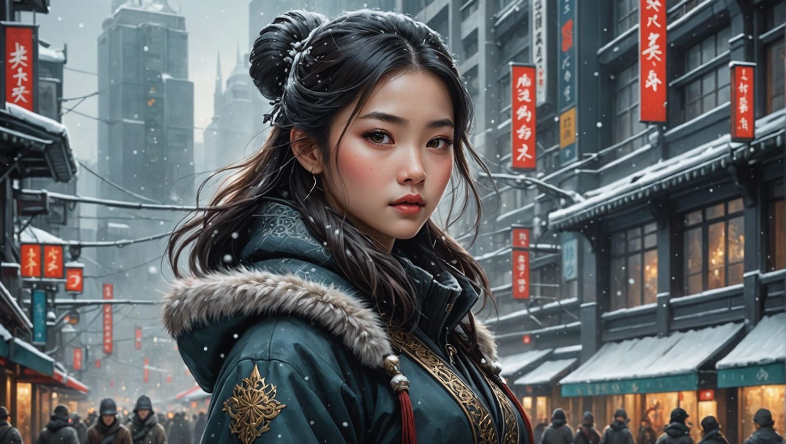 Cute Asian Girl in Winter Tokyo: Fantasy Art