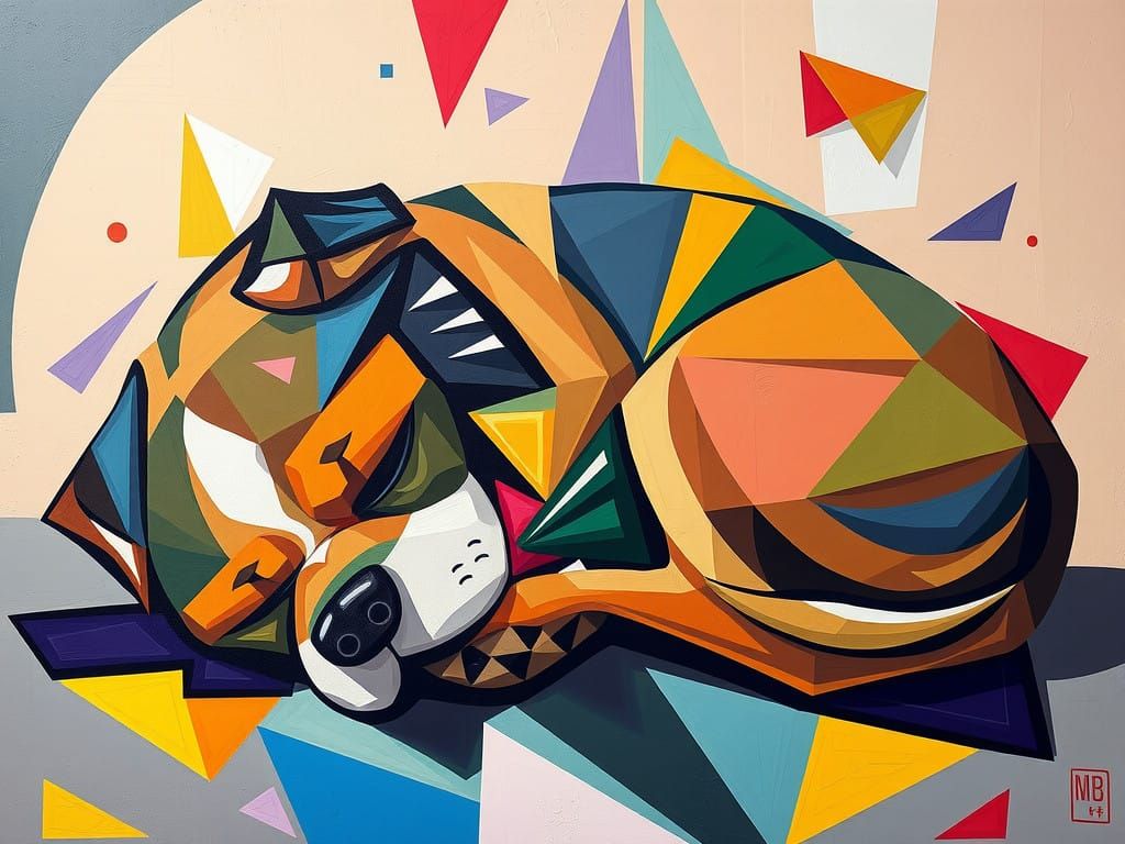 Whimsical Cubist Dog in Abstract Art Deco Style