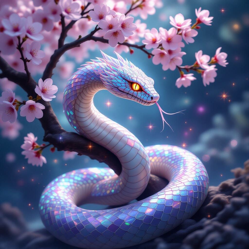Cosmic Serpent Envelops Cherry Blossom Tree in Iridescent Gl...