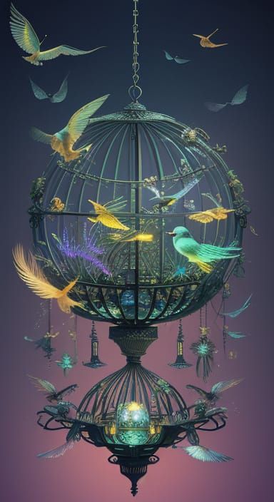 Floating Birdcage with Songbirds and Mechanical Creatures