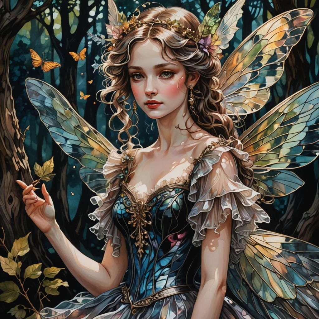 Fairy Portrait with Stained Glass Wings in Baroque Style