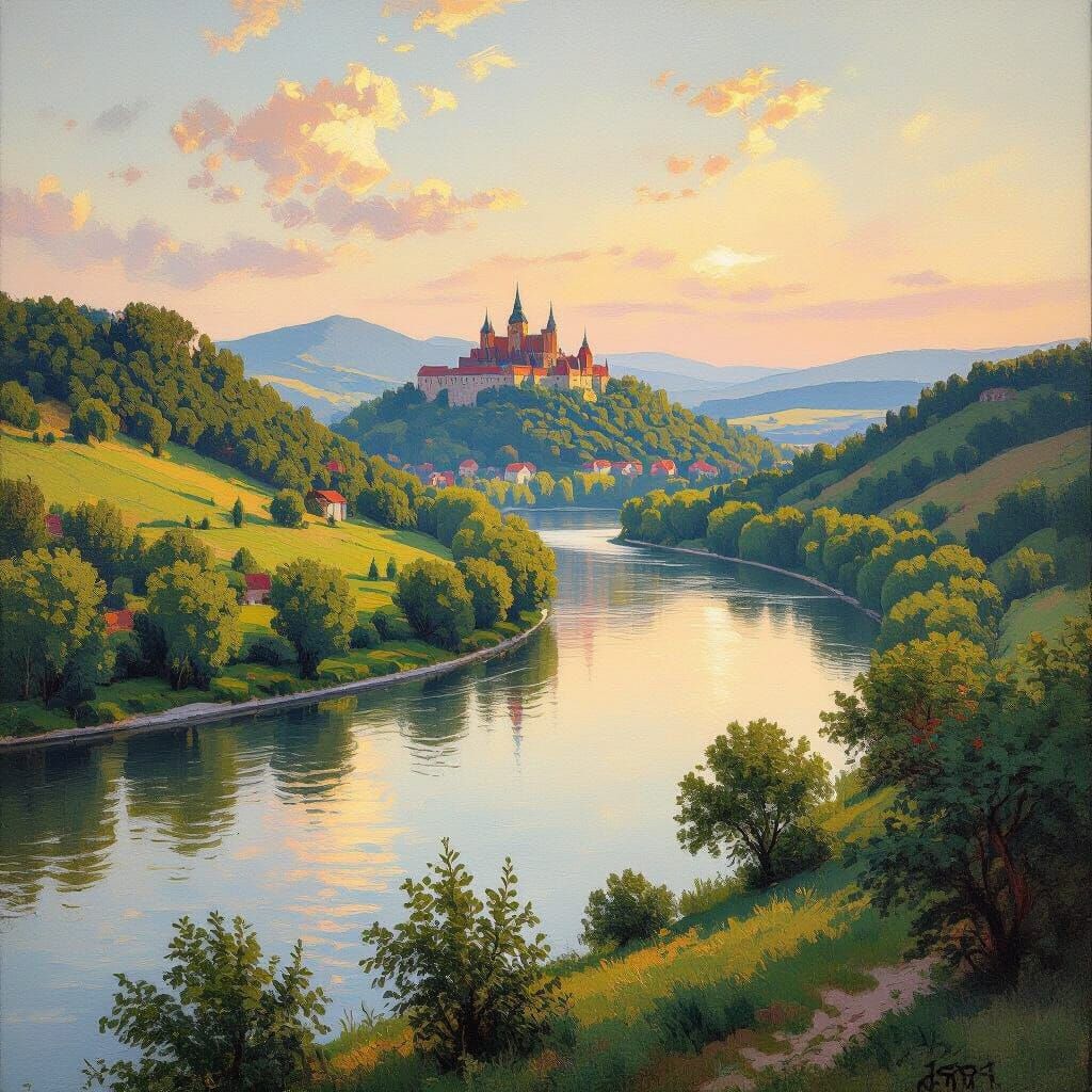 Danube River Bend Landscape in Impressionist Style