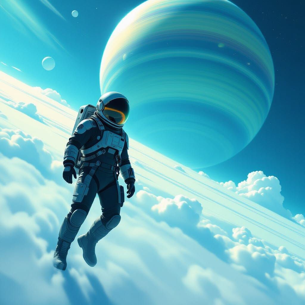 Astronaut near Uranus in Futuristic Style