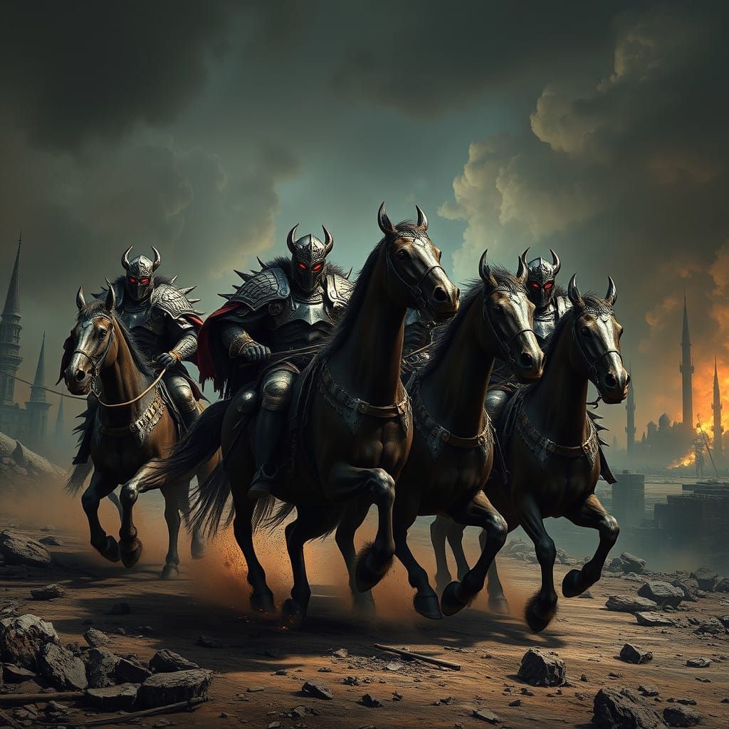 Fierce Riders of Apocalypse Gallop Through Ruins