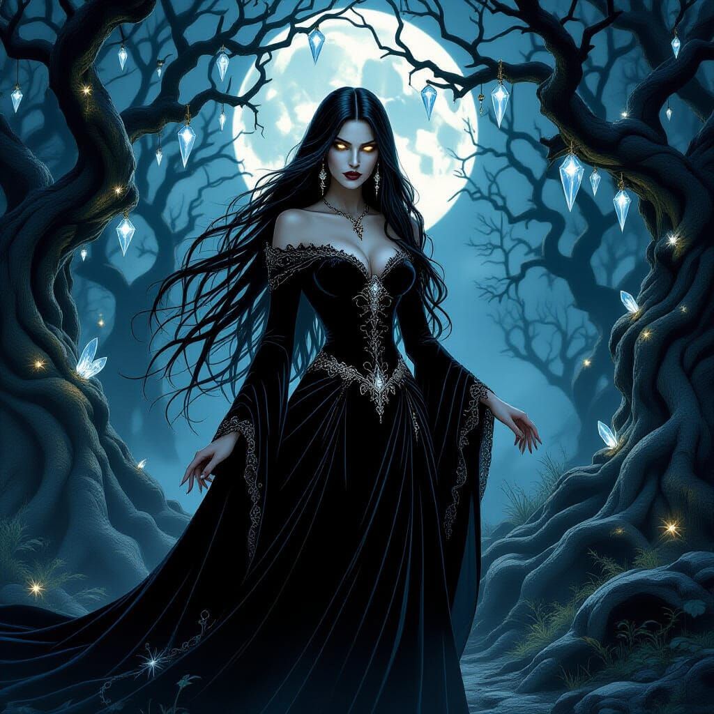 Mysterious Sorceress in Moonlit Forest, Dark Fantasy