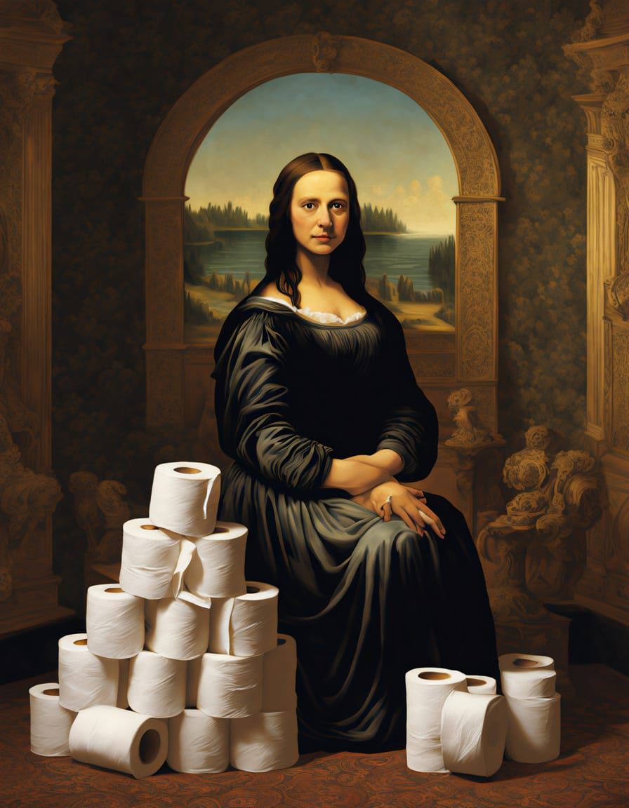 Mona Lisa on Toilet Paper Tower in Surrealist Style