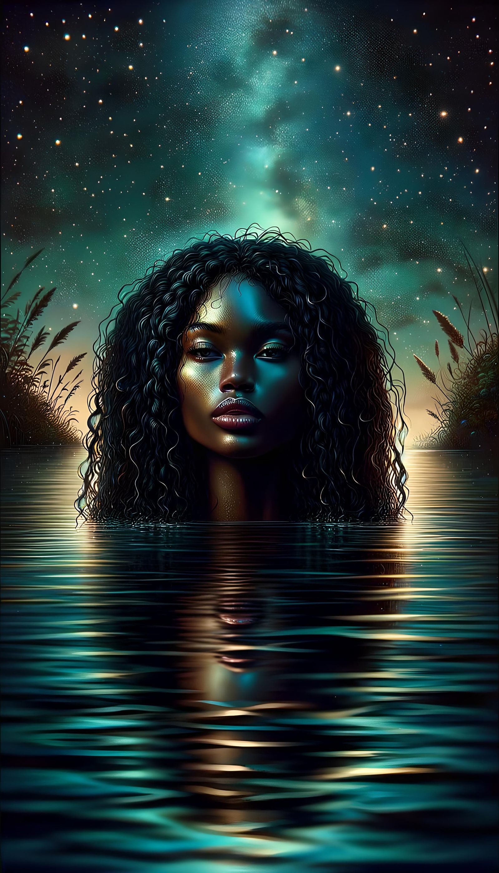 Black Woman Bathing in Lake at Night