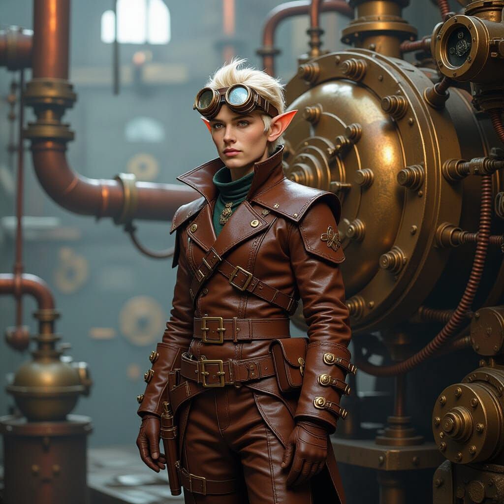 Steampunk Elf Amidst Industrial Machine