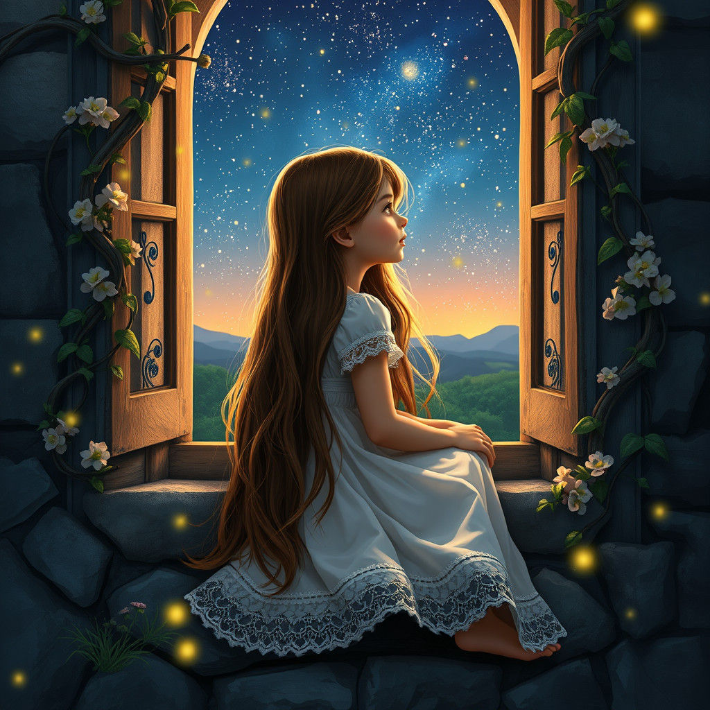 Girl Gazing at Starry Night, Digital Art