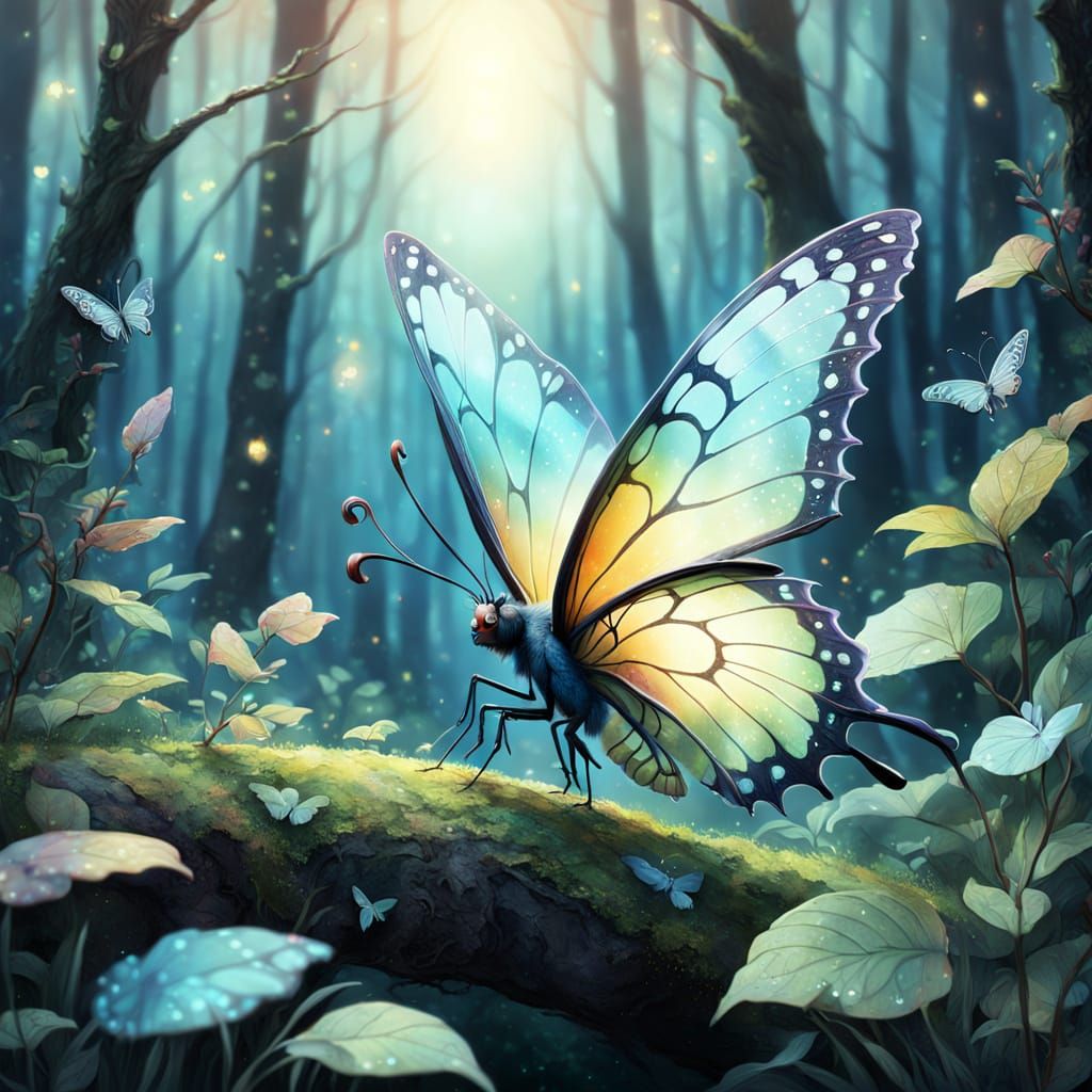 Butterfly in Forest in Magical Realism Style