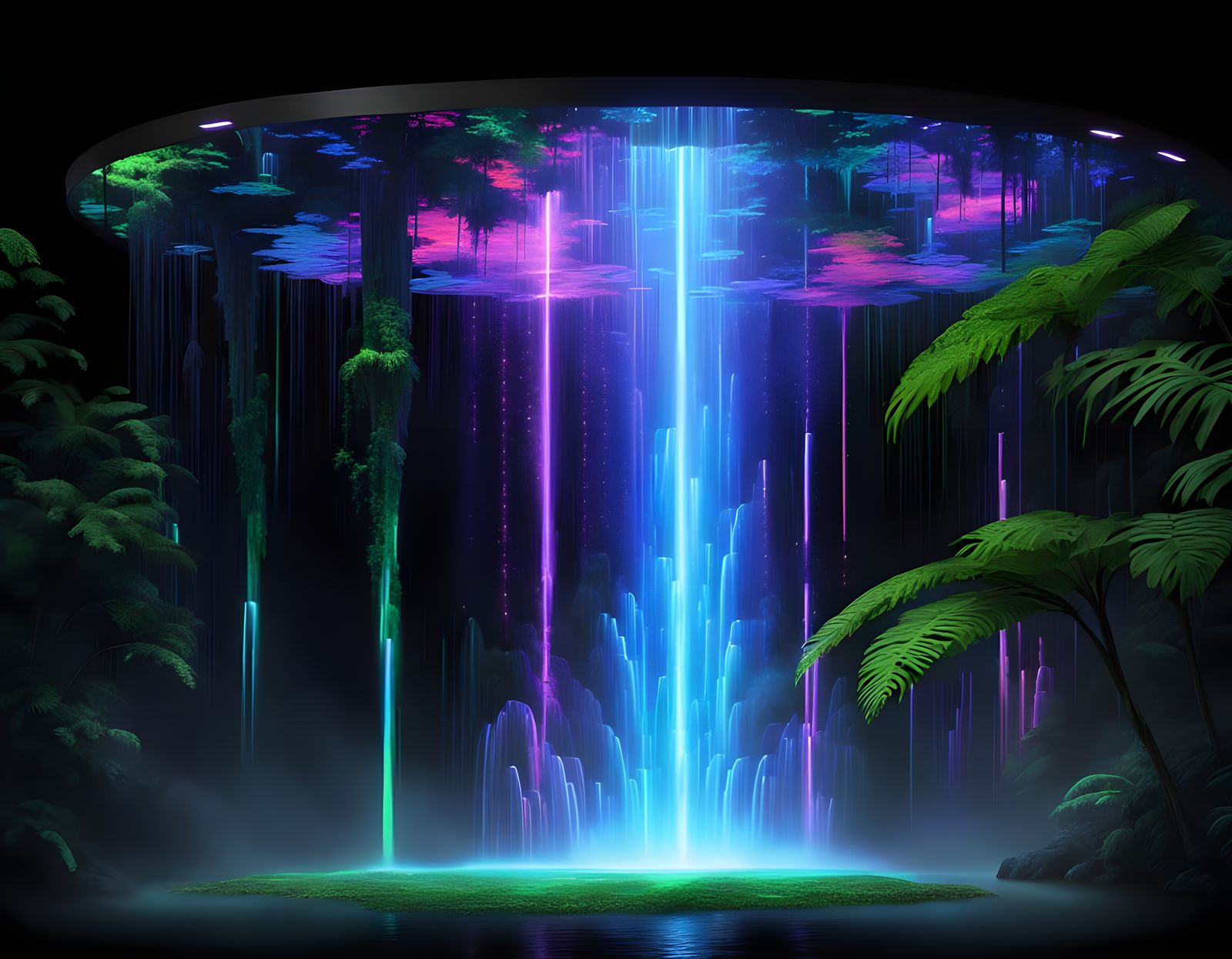 Luminous Rainforest Waterfall in Star Wars Hologram Style