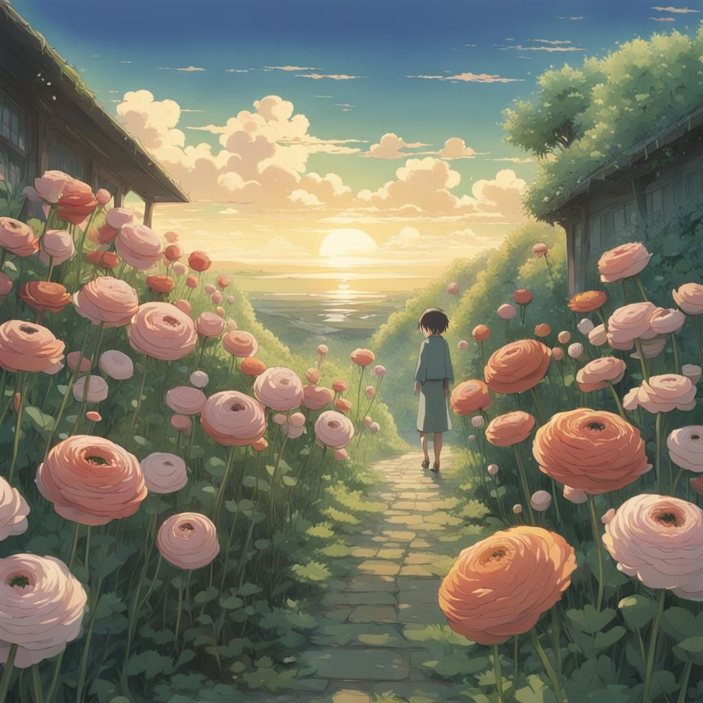 Ranunculus in Studio Ghibli Anime Style