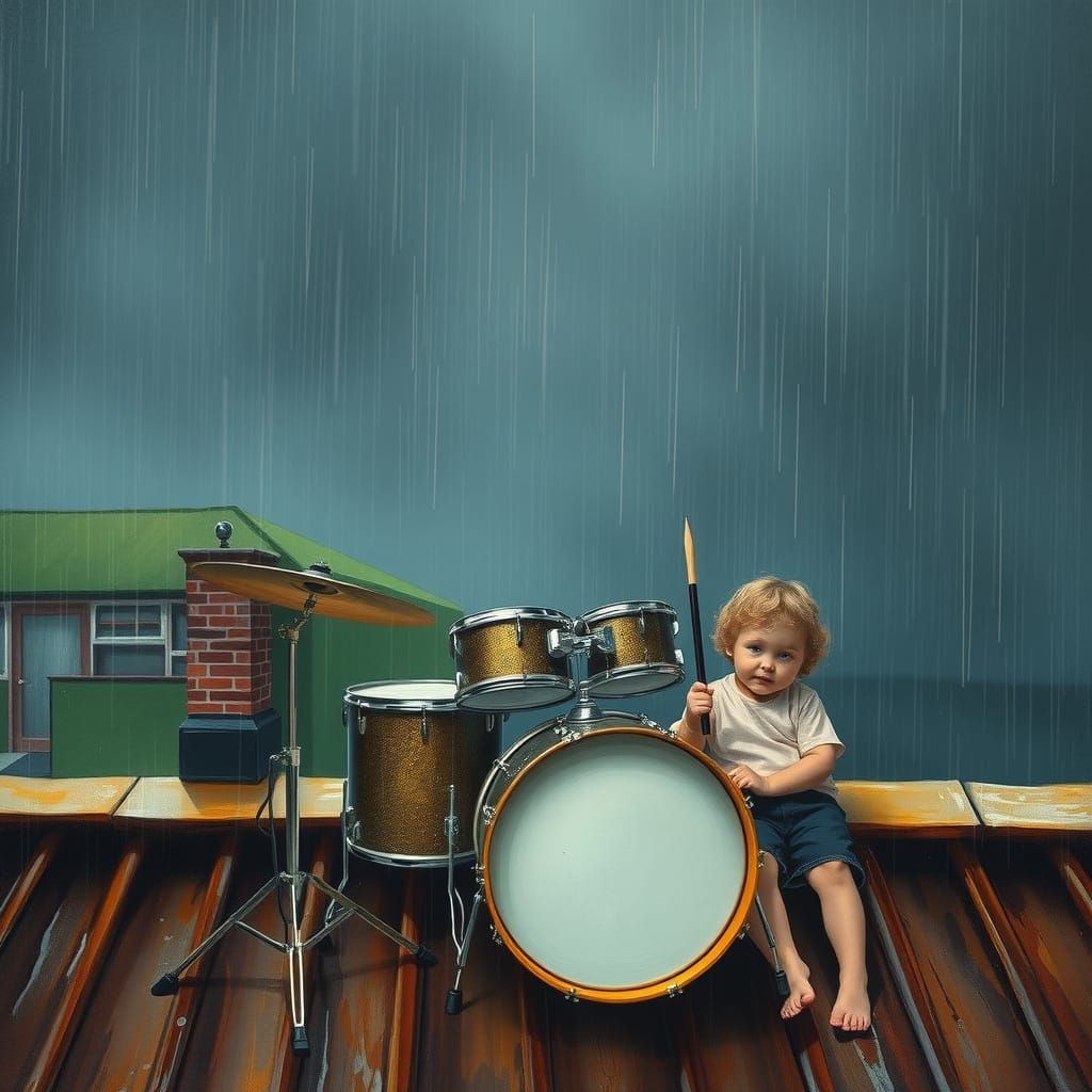 Drum Set Performance on Rainy Rooftop Oil Painting