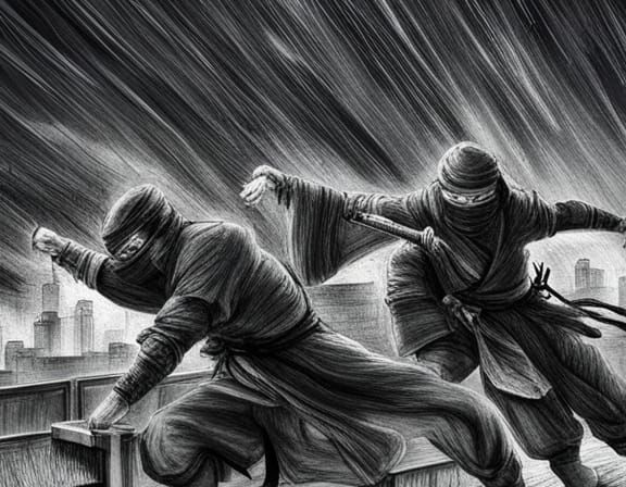 Ninja Duel on Rooftop in Feudal Japan