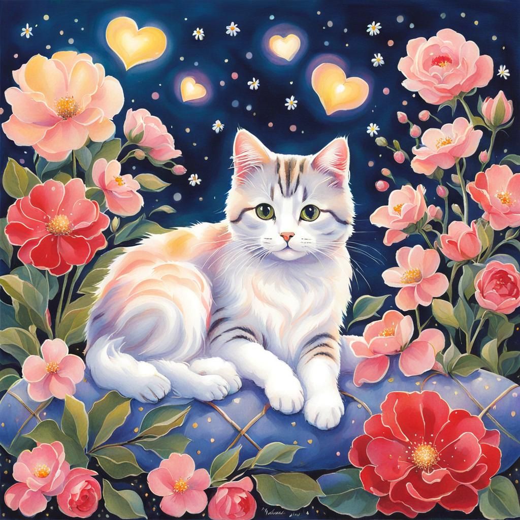 Cute Cat Surrounded by Flowers, Shojo Manga Style