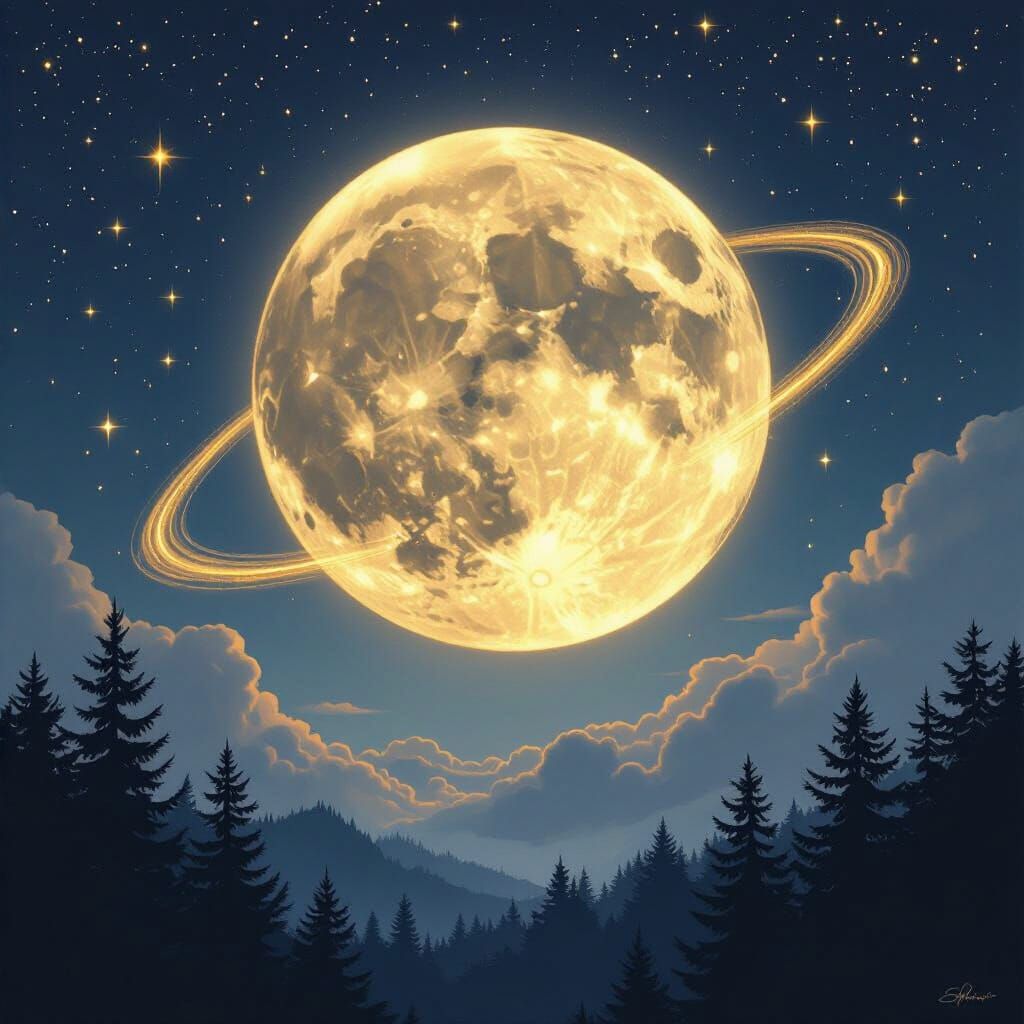 Majestic Full Moon with Golden Light Spirals