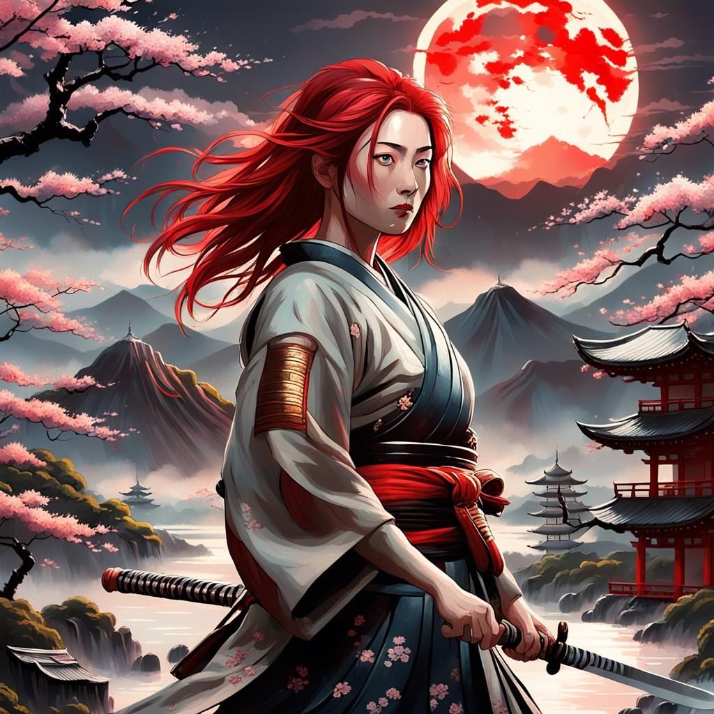 Samurai Girl with Katana in Mystical Japanese Landscape