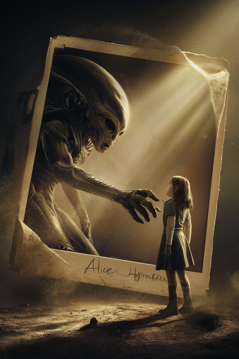 Alien Encounter with Girl in Maximalist Matte Painting