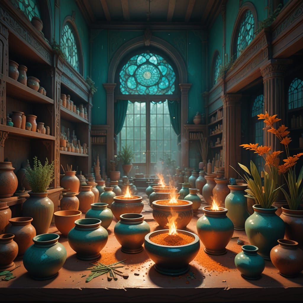 Incense Workshop Interior in Hazy Op Art Style