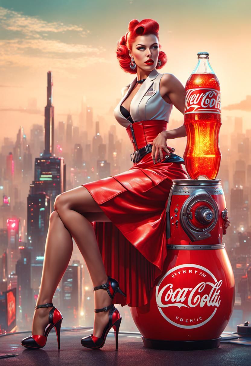 Cyberpunk Pinup Girl Soda Ad in Neon Metropolis
