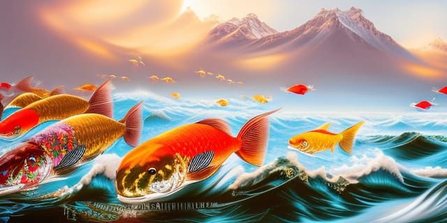 Koi Fish in Tumultuous Seas: Oil Painting