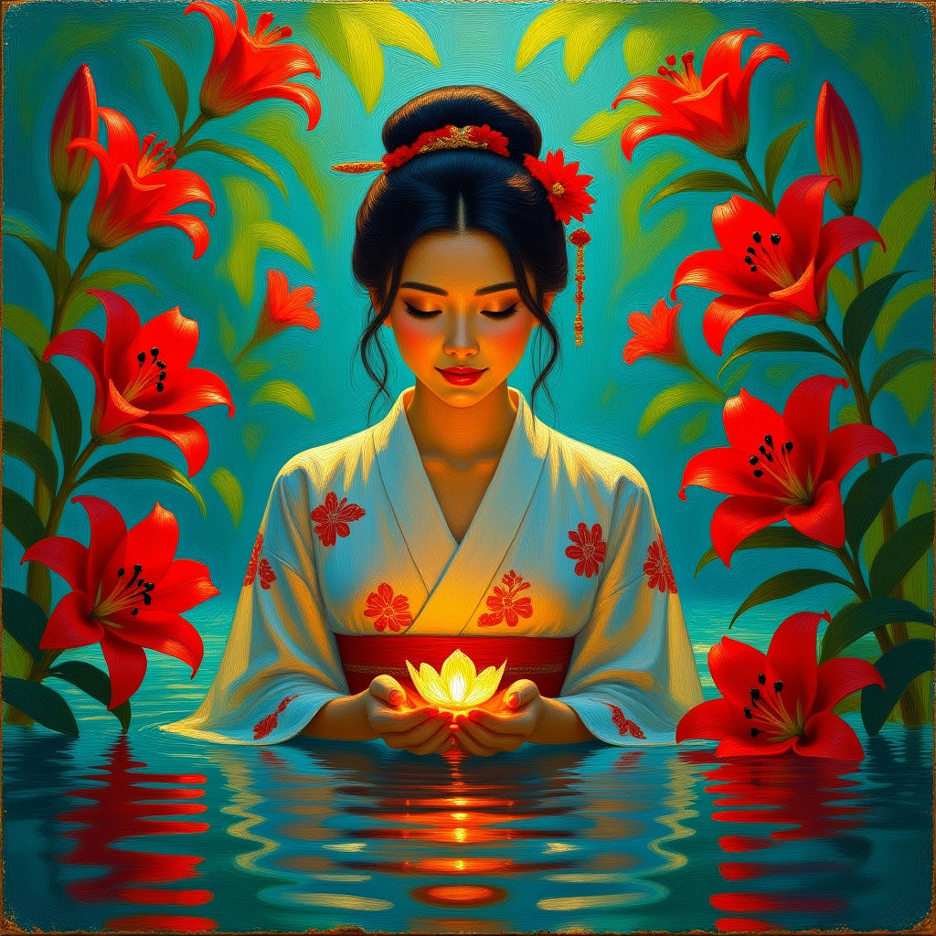 Asian Woman Bathes in a Pool of Glowing Lilies