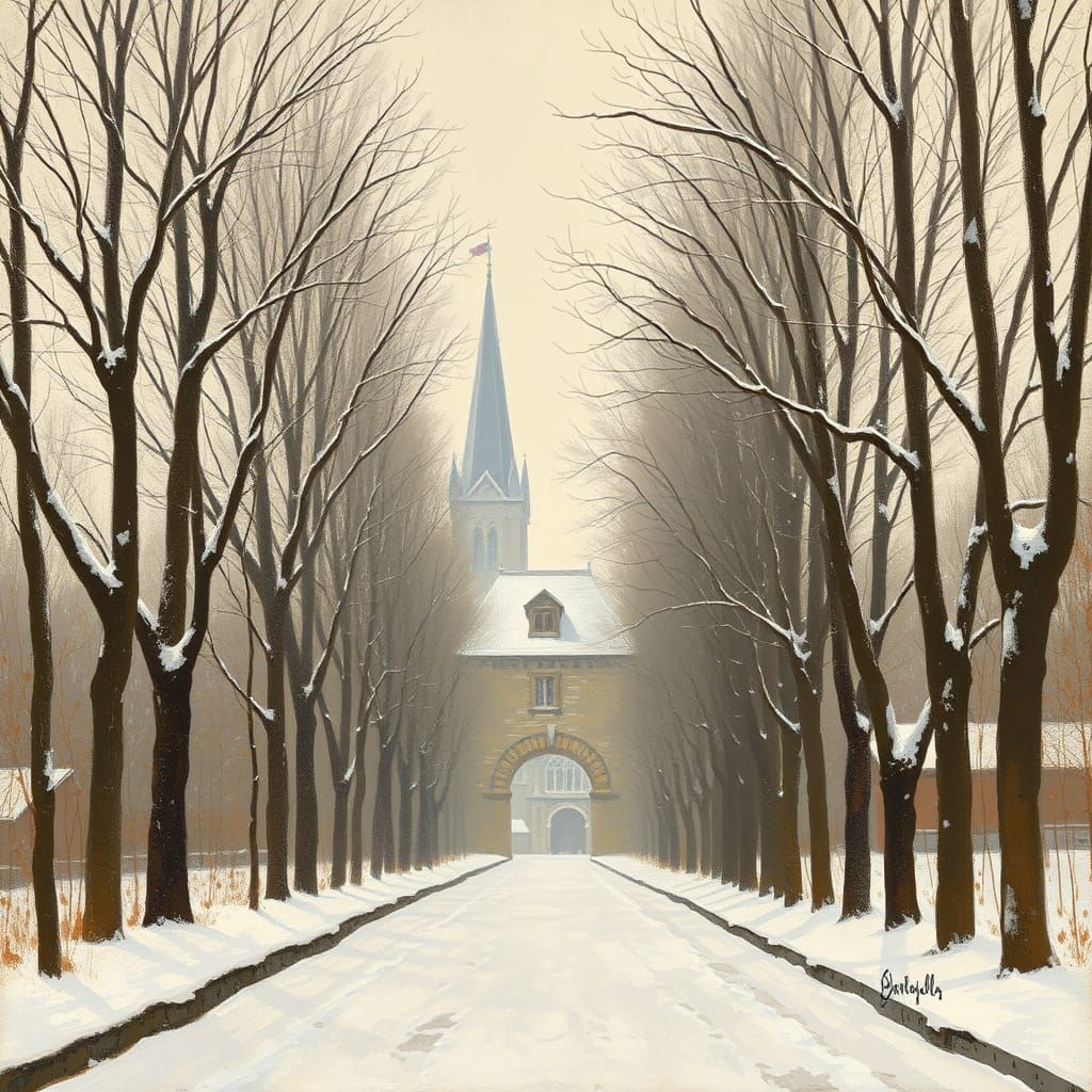 Monet-Inspired Snowy Pathway to Stone Archway