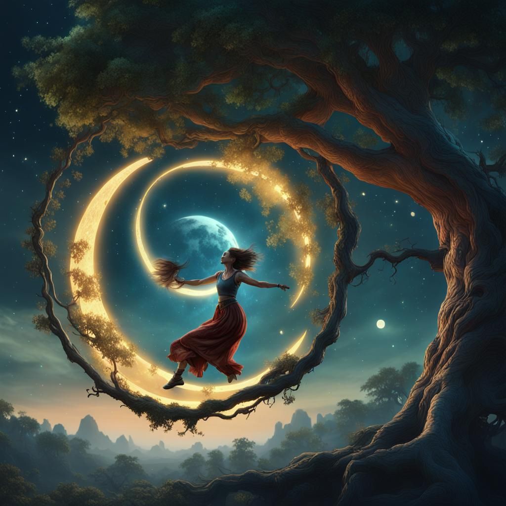 Aerial Hoop Artist Under Crescent Moon, Digital Art