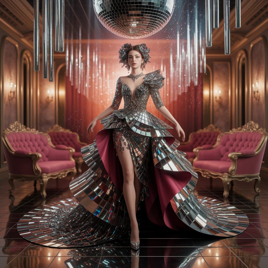 Woman in Mirror Dress on Disco Floor with Disco Ball