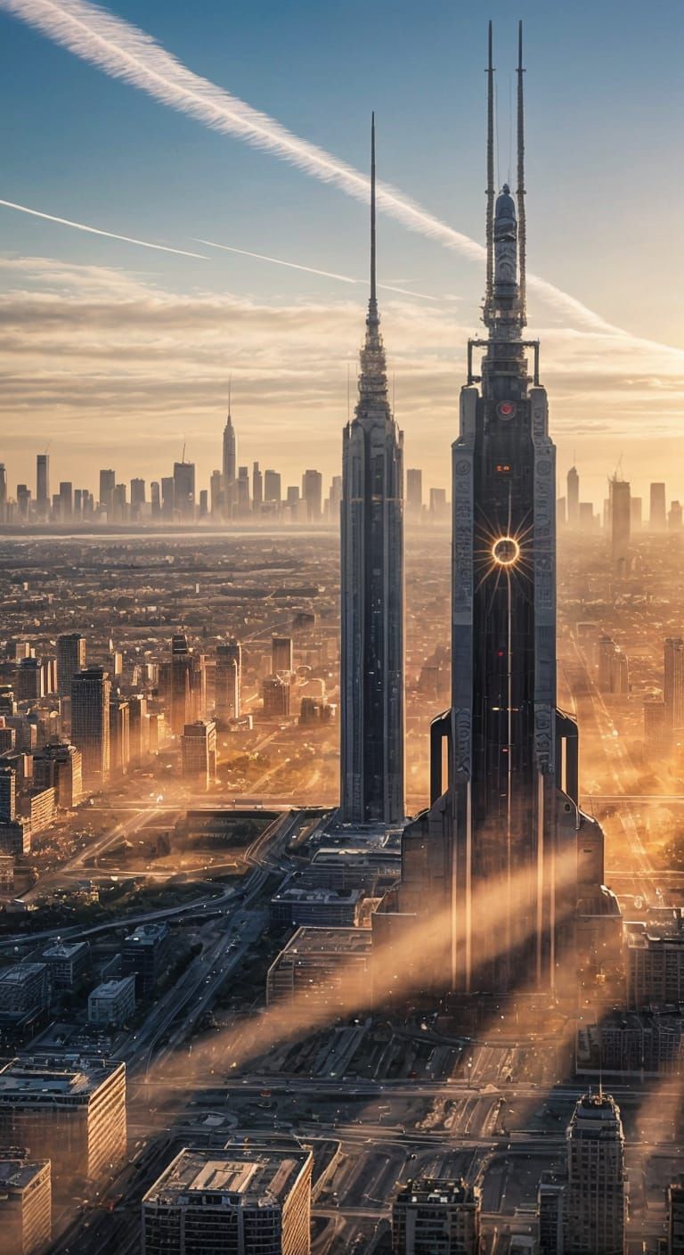 Giant Biological Rocket Launch Over City Silhouette