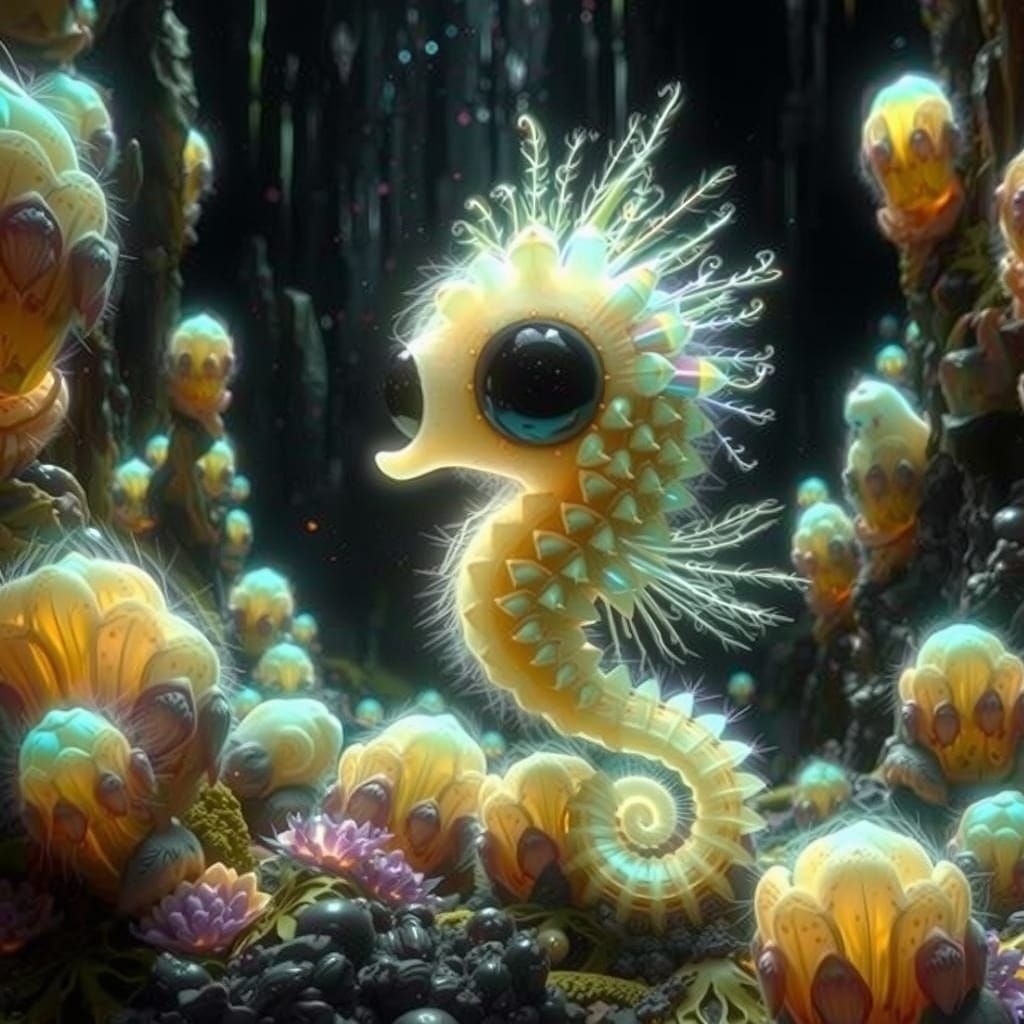 Iridescent Seahorse with Wings in Crystalline Cave