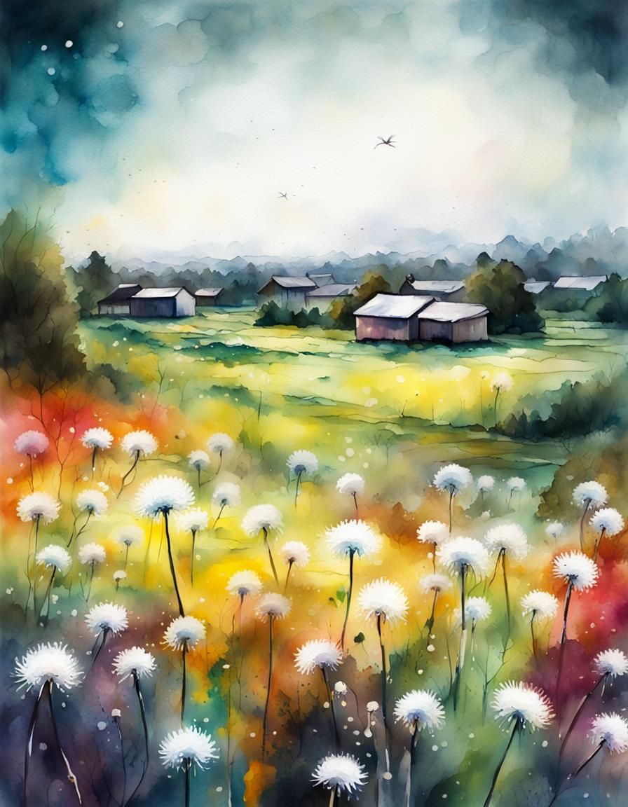 Dandelion Watercolour Landscape in Splash Art Style