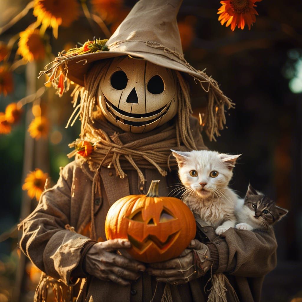 Scarecrow Holding Kitten in Ethereal Autumn Fantasy