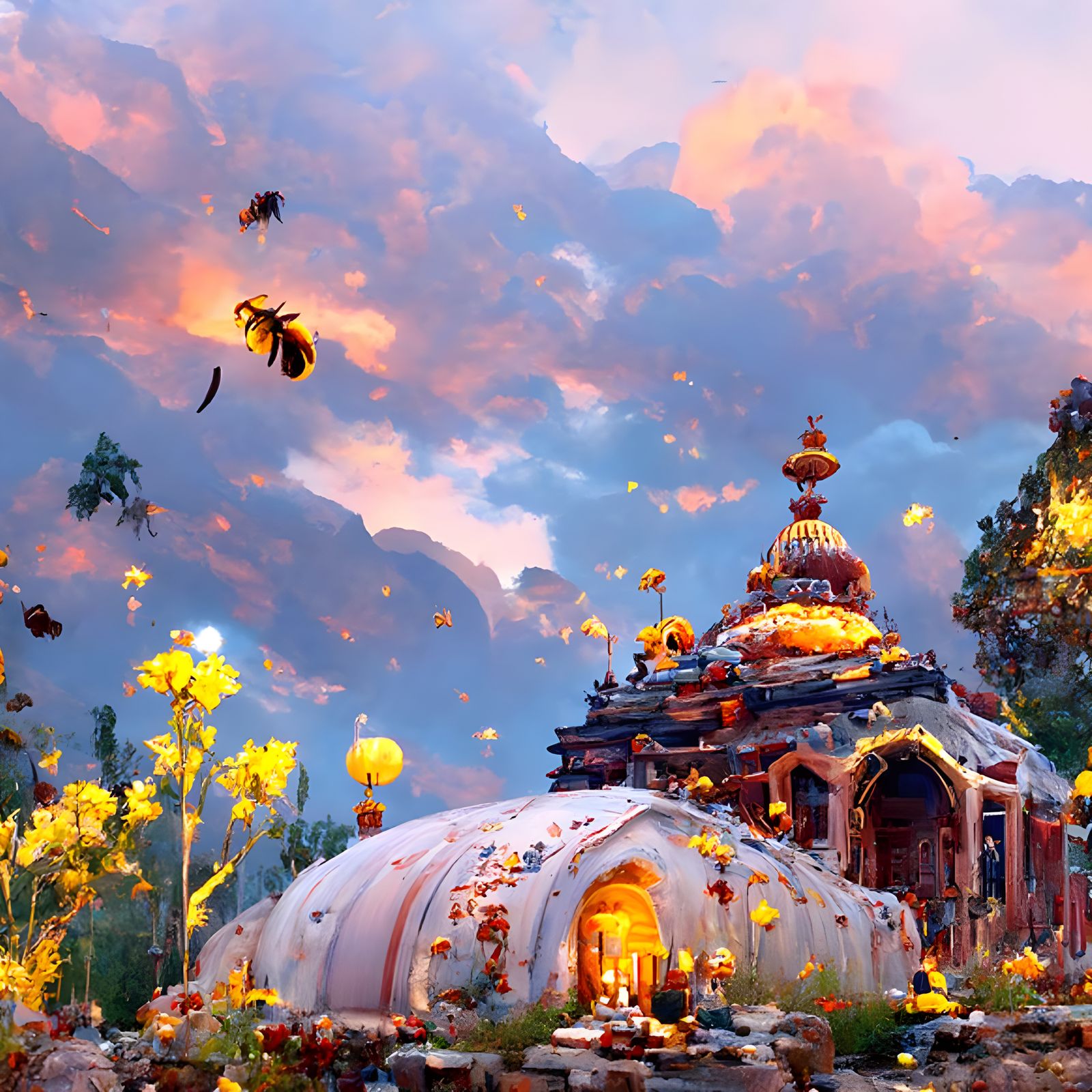 Honey Bee Temple at Dusk: Elaborate Digital Painting